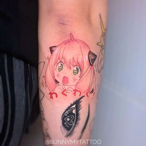 Colored Anime Tattoo, 2000 Cartoon Tattoo Ideas, Anya Tattoo Anime, Anya Tattoo, 2000 Cartoons, Anime Tattoo, Anya Forger, Jewelry Tattoo, Cartoon Tattoos