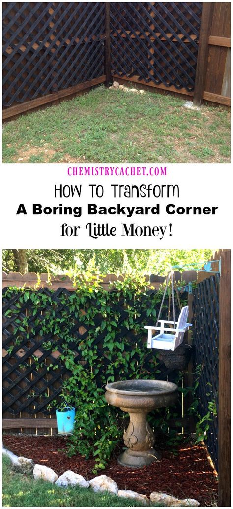 How To Transform A Boring Backyard Corner for LITTLE money! Turn any corner of your yard into a pretty little garden! on chemistrycachet.com Backyard Corner, Furniture Top View, Corner Landscaping, Corner Garden, Small Backyard Gardens, Easy Backyard, Backyard Fences, Backyard Garden Design, Olive Garden