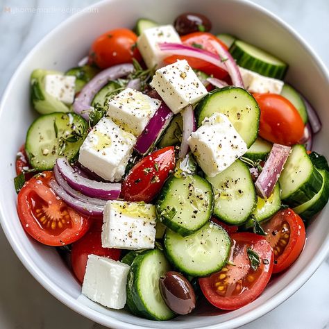 Classic Greek Salad Greek Salad Lunch, Greek Salad With Tzatziki Sauce, Classic Greek Salad Recipe, Greek Potluck Ideas, Greek Tomato Salad, Greek Tomato And Cucumber Salad, Greek Salad Aesthetic, Greek Feta Salad, Classic Greek Salad