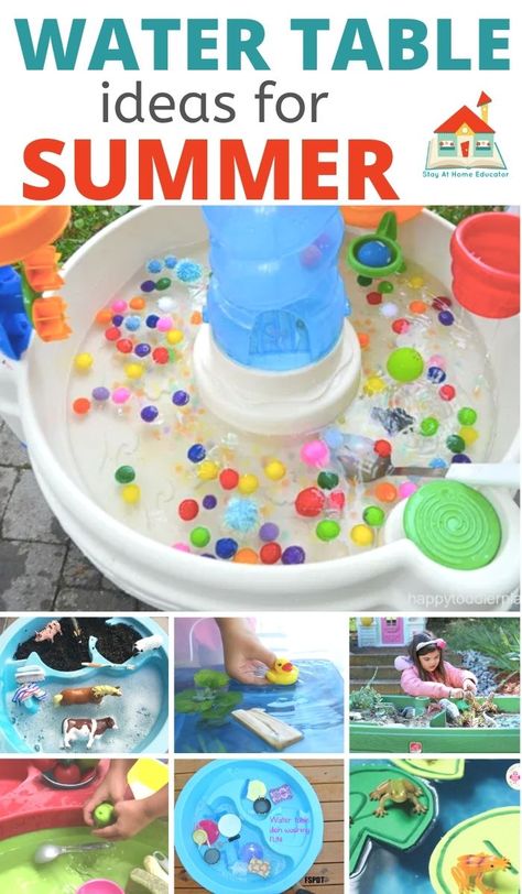 Here are 20+ new and creative water table ideas, or ideas for your water sensory bin. They're perfect to add to your summer theme lesson plans! Dust off the water table and keep cool with these water table ideas this summer. Find water sensory activities for toddlers and preschoolers. Water Sensory Activities, Water Table Ideas, Water Sensory Bin, Sensory Activities For Toddlers, Preschool Outdoor Activities, Summer Lesson Plans, Kids Water Table, Table Activities For Toddlers, Water Table Activities