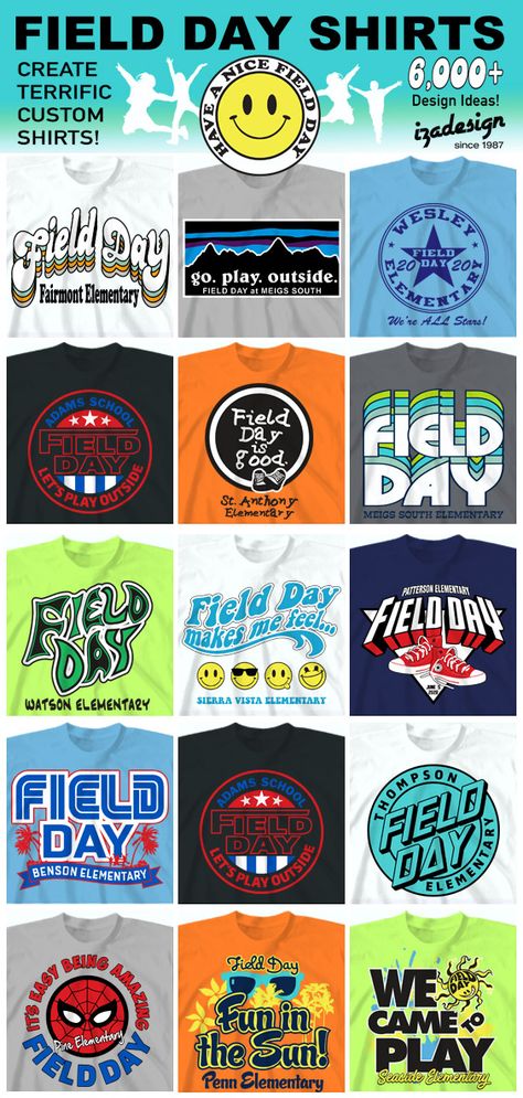 Field Day Shirts 2023/2024 - Custom Field Day T-Shirt Designs - Fun Field Day Shirt Design Ideas for an amazing Field Day. IZA Design has cute field day designs that you can customize for both teachers and students. The best elementary school field day designs for over 30 years. Jog A Thon Shirt Ideas, Field Day T Shirts, Field Day Themes Elementary, Field Day Tshirt Ideas, Field Day Tshirt Designs, Field Day Themes, Field Day Shirt Ideas, Field Day Shirts Design, Field Day Shirts Design Elementary