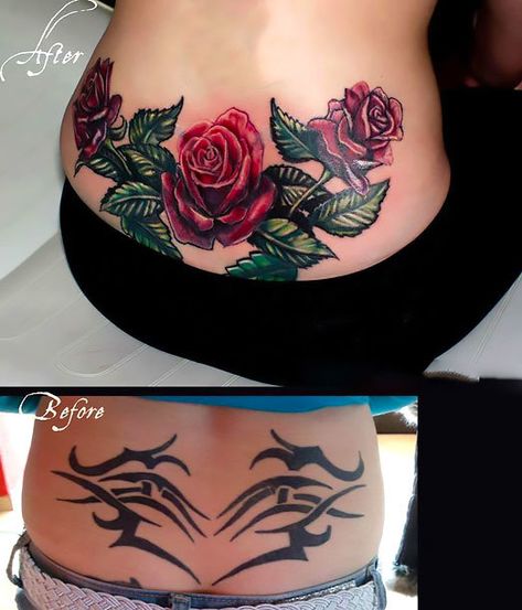 A cover-up tattoo of roses inked on the lower back to hide an ugly black tattoo. Tags: Cover Up Tattoo Lower Back, Tatuaje Cover Up, Lower Back Tattoo Designs, Tattoos Infinity, Girl Back Tattoos, Tattoo Henna, Tattoo Cover Up, Tattoos Skull, Tattoo Cover