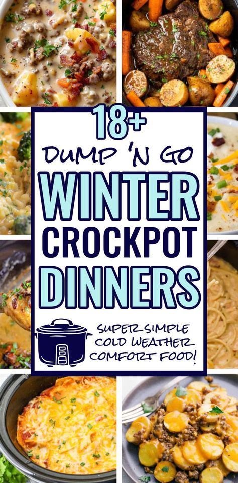 Need easy winter crockpot dinner ideas! Try my lazy easy Cowgirl Crockpot Soup and these 18 cold weather slow cooker comfort food meals to make dinnertime dump and go simple – the perfect low mess comfort foods to warm you up! If you need super SIMPLE cold weather comfort food, these recipes are for you! Crockpot Recipes To Cook While At Work, Crockpot Recipes That Arent Soup, Easy Hearty Crockpot Meals, Crockpot Meal For Family, Make Ahead Slow Cooker Meals, Comforting Crockpot Recipes, Dirt Cheap Crock Pot Meals, Crockpot Dump And Go Meals, Crock Pot Meal Recipes