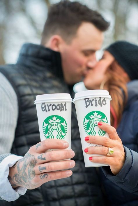 Starbucks engagement photo shoot Christmas Engagement Photos, Mint Room, Fall Engagement Shoots, White Studio Background, Groom To Be, Fall Engagement Pictures, Beautiful Black Dress, Couple Engagement Pictures, Luxury Brides