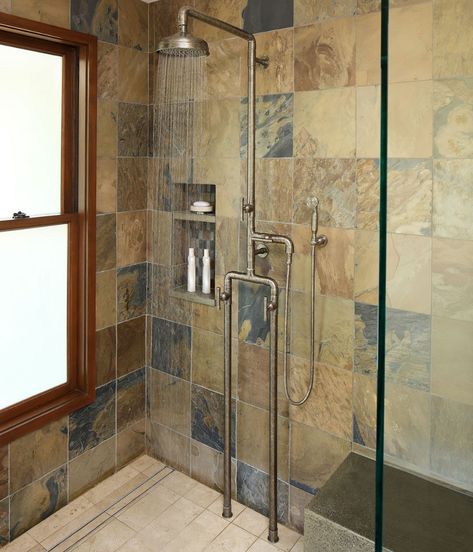 Exposed Shower Plumbing On Glass Wall, Exposed Shower Plumbing, Rustic Faucets, Exposed Plumbing, Shower Plumbing, Small Bathroom With Shower, Small Showers, Shower Fixtures, Shower Units