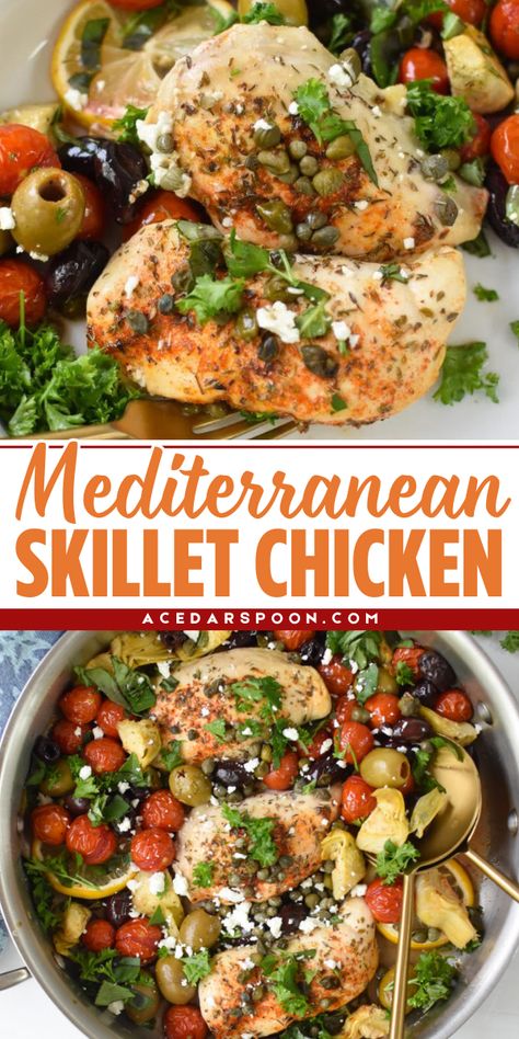 Out of simple weeknight ideas? This Mediterranean Skillet Chicken starts with chicken breasts packed with your favorite Mediterranean ingredients. Pin this weeknight dinner recipe for the family! Mediterranean Recipes With Chicken, Mediterranean Chicken Breast Recipes, Mederteranian Recipes Dinners, Mediterranean Recipes Chicken, Mediterranean Diet Chicken Recipes, Mediterranean Chicken Dinner, Authentic Mediterranean Recipes, Mediterranean Skillet, Mediterranean Chicken Skillet