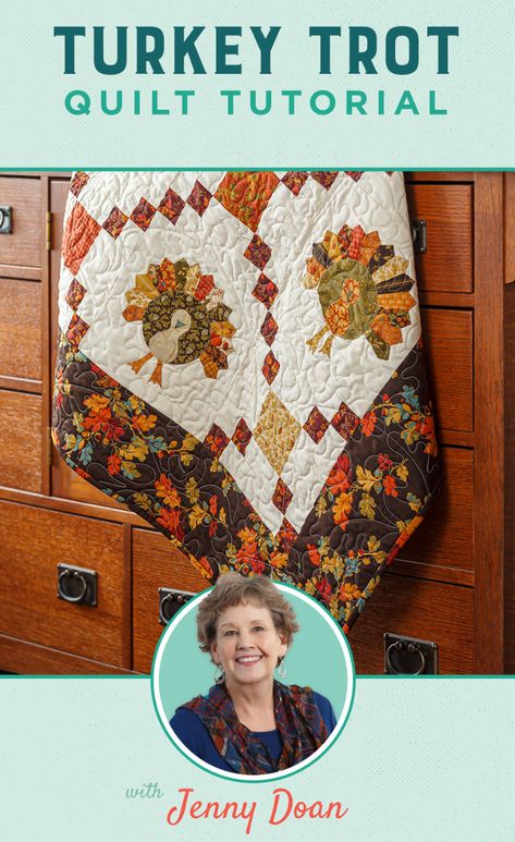 Save this Free, Easy Turkey Trot Thanksgiving Quilt Tutorial! Jenny Doan demonstrates how to make a festive Thanksgiving quilt using Heat n Bond Lite, the Missouri Star Mini Dresden Template, and 5 inch squares of precut fabric (charm squares). Missouri Star Quilt Pattern, Thanksgiving Quilt, Harvest Quilt, Precut Quilt Patterns, Jenny Doan Tutorials, Missouri Quilt Tutorials, Irish Chain Quilt Pattern, Missouri Star Quilt Company Tutorials, Missouri Star Quilt Tutorials