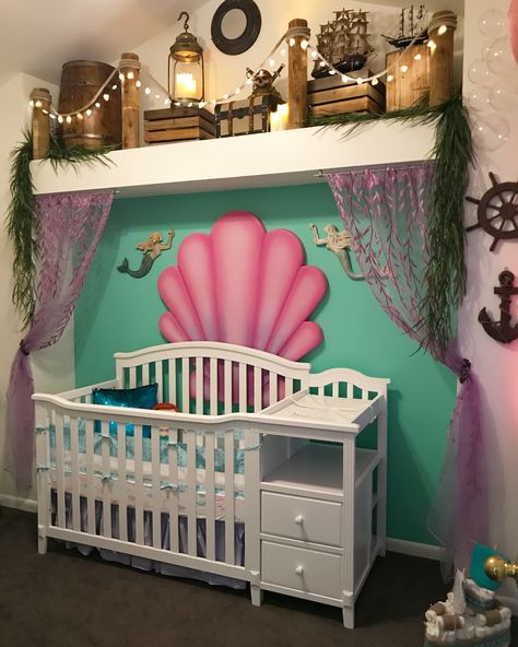 My baby Tigerlily's nursery! Follow my Instagram, for more mermaid pics! @christelmermaid Mermaid Nursery Theme, Little Mermaid Nursery, Disney Baby Nurseries, Mermaid Room Decor, Mermaid Bedding, Mermaid Bedroom, Sea Nursery, Girl Nursery Themes