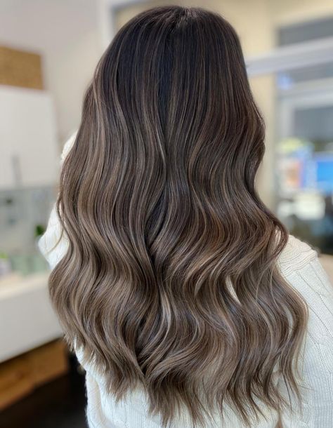 Warm and Cool Ash Brown Highlights Ash Brown Balayage Cool Tone, Cool Toned Brunette With Highlights, Subtle Ash Brown Highlights, Mocha Ash Brown Balayage, Low Lights Ash Brown, Medium Ash Brown Hair Color, Subtle Ash Brown Balayage On Black Hair, Natural Ash Brown Hair, Ash Brown Hair Dye