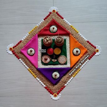 Gouri Ganpati Rangoli, Makarsankranti Decoration Ideas, Rangoli For Makar Sankranti, Makar Sankranti Decoration Ideas, Diy Kite Decorations, Sankranti Decoration, Gauri Ganpati, Kite Decoration, Rangoli Photos