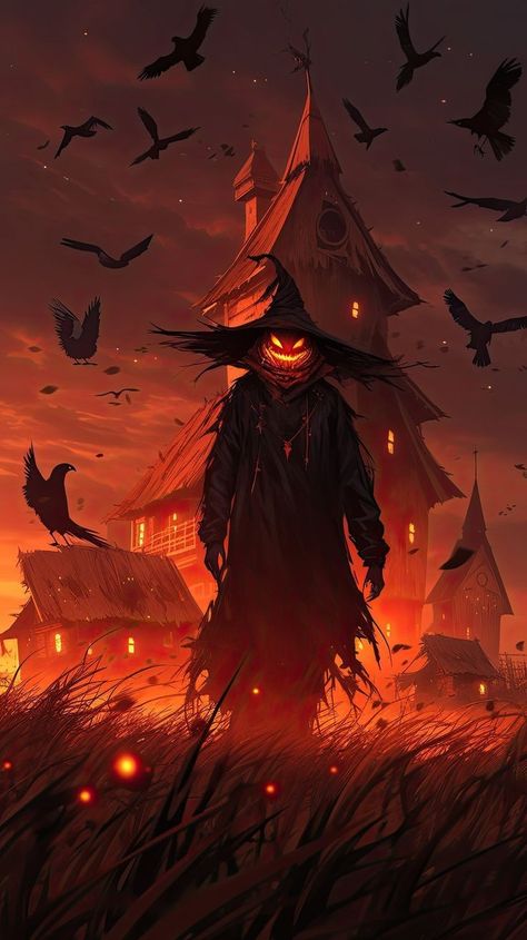 Halloween Theme Art, Scarecrow Wallpaper, Halloween Themed Wallpaper, Anime Halloween Wallpaper, Spooky Halloween Pictures, Helloween Wallpaper, Creature Fantasy, Halloween Scarecrow, Gothic Fantasy Art