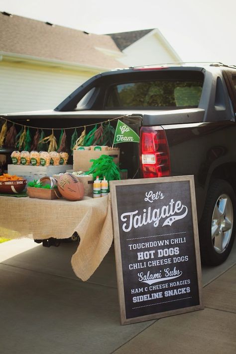 Tailgate sign and setup from Tailgate Football Birthday Party at Kara's Party Ideas. See more at http://karaspartyideas.com! Football Tailgate Party, Football Banquet, Soccer Birthday Parties, Sports Birthday Party, Football Theme Party, Football Birthday Party, Football Tailgate, Soccer Birthday, Football Decorations