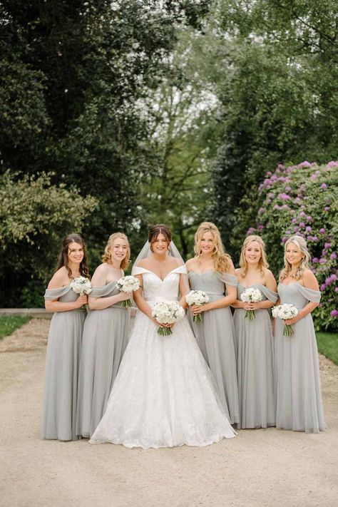 Dove grey bridesmaids dresses white bouquets Dove Grey Wedding, Dove Grey Bridesmaid Dresses, Austrian Wedding, Suzanne Neville Wedding Dresses, Hampton Manor, French Riviera Wedding, Grey Bridesmaids, White Bridesmaid Dresses, Moroccan Wedding