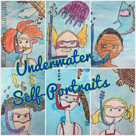 2nd Grade Underwater Self-Portraits (2015) Painting Lesson Plans, Summer School Art, Third Grade Art, First Grade Art, Summer Art Projects, 2nd Grade Art, 4th Grade Art, 5th Grade Art, 3rd Grade Art