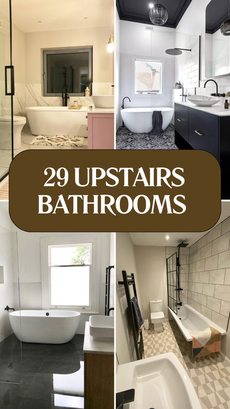 Collage of stylish upstairs bathroom designs featuring freestanding tubs, modern fixtures, and chic decor. Perfect for inspiration to elevate your home's upper-level bathroom space with elegance and functionality. Second Floor Bathroom Ideas, Galley Style Bathroom, Second Bathroom Ideas, Upstairs Bathroom Ideas, Designing A Bathroom, Guest Bathroom Design, Bathroom Under Stairs, Bathroom Construction, Contemporary Bathroom Designs