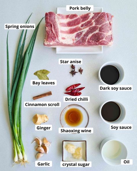 Ingredients required to make this recipe, labeled Pork Belly Stew Chinese, Chinese Red Braised Pork Belly, Hong Shao Rou Recipe, Pork Braised Recipes, Red Braised Pork Belly, Korean Braised Pork Belly, Japanese Pork Belly Recipes, Braised Pork Belly Recipes, Belly Pork Recipe