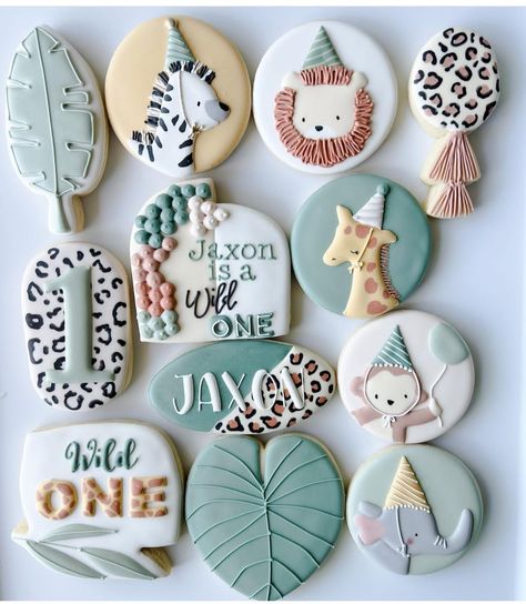 Wild Animal Royal Icing Cookies, Wild One Royal Icing Cookies, Safari Royal Icing Cookies, Jungle Birthday Cookies, Born Two Be Wild Cookies, Safari Decorated Cookies, 1st Birthday Cookies Decorated, Safari Cookies Decorated, Wild One Cookies Decorated