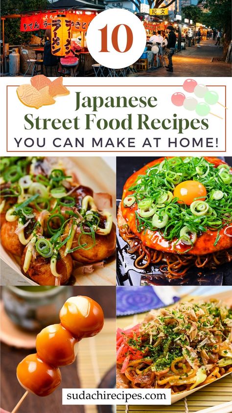 An image of a Japanese food festival with pictures of popular street foods below including takoyaki octopus balls, okonomiyaki savory pancake, dango rice dumplings and yakisoba fried noodles Fried Octopus, Japanese Street Food Recipes, Street Food Recipes, Japan Street Food, Vegetarian Asian, Tasty Appetizers, Octopus Balls, Easy Japanese Recipes, Japanese Street Food