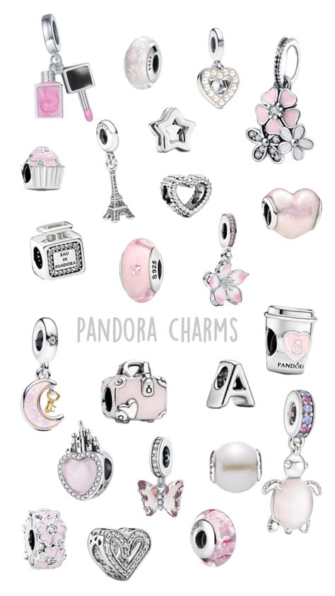 Aesthetic Pandora Charms, Pulsera Pandora Charms Ideas, Pandora Charm Bracelet Ideas, Pandora Charms Aesthetic, Cute Pink Pandora Charms, Pandora Bracelet Ideas, Pandora Pjnk And Gold Charm Bracelet, Pandora Paris Charm, Pandora Bracelet Charms Ideas