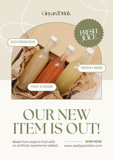 Discover the latest must-haves with our 'Beige and Green Modern Minimalist New Item Sale Poster'! Promote your new arrivals in a chic, contemporary design and attract attention. Shop the newest trends today! Beige And Green, Organic Fruit, Fresh Juice, Trending Today, Poster Template, Social Media Template, Newest Trends, New Item, Modern Minimalist