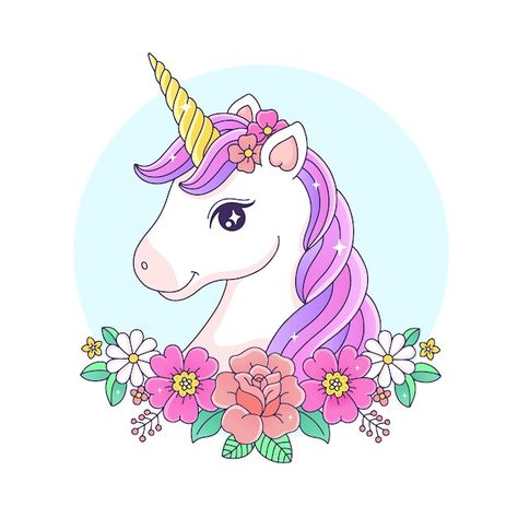 Cara hermosa del unicornio con la ilustr... | Premium Vector #Freepik #vector #unicornio-dibujo #unicornio-bebe #poni #unicornio-arcoiris Face With Flowers Drawing, Unicorn Rocking Horse, Diy Unicorn Headband, Face With Flowers, Photo Cake Topper, Unicorn Images, Vintage Unicorn, Flying Unicorn, Unicorn Flowers