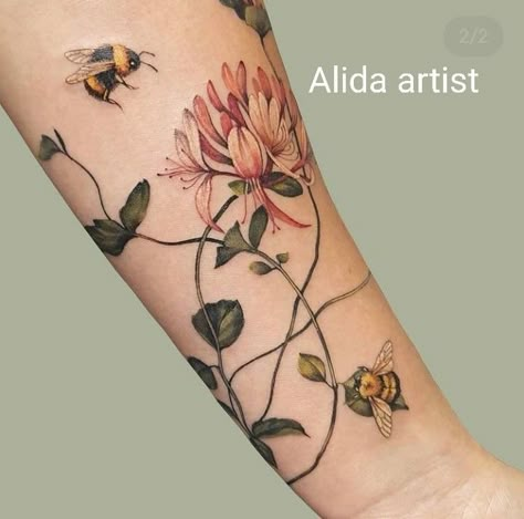 Lacy Arm Tattoo, Bee Tattoos With Flowers, Flower With Bee Tattoo, Flowers And Bees Tattoo, Honey Suckle Tattoo Simple, Flower Bee Tattoo, Bee Tattoo Sleeve, Feminine Tattoo Sleeves Flowers, Bee Sleeve Tattoo