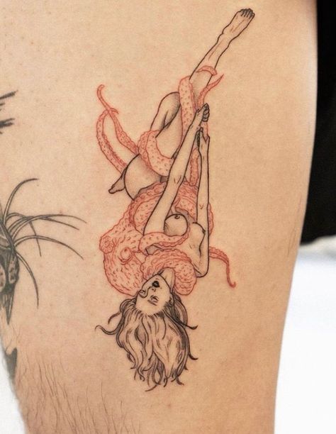 Octopus Woman tattoo done in red and black Pelvic Hip Tattoos Women, Nude Tattoo Ideas, Octopus Tattoos For Women, Octopus Woman, Ca Tattoo, Octopus Tattoo Designs, Tattoo Octopus, Octopus Tattoo Design, Octopus Tattoos