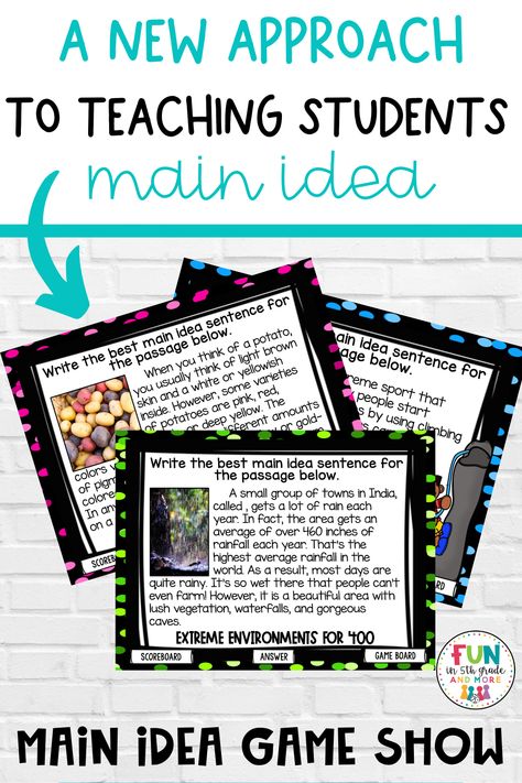 Are you looking for new ways to teach main idea to your upper elementary students? These main idea strategies are a fun way to help students identify the main idea. In this post, I share two main idea activities. Students can play a main idea game show which is a fun whole class game to practice the main idea. Students get to read a comprehension passage and then answer main idea questions. It is a ton of fun and can be played during readers workshop, Daily 5 or as an early finishers activity. Main Idea Games, Main Idea Lessons, Main Idea Anchor Chart, Main Idea Activities, Upper Elementary Activities, Teaching Nonfiction, Teaching Main Idea, Esl Teaching Resources, Upper Elementary Classroom