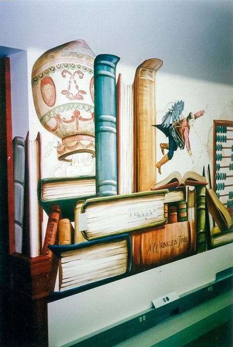 Belvedere-Tiburon Library | Evans & Brown mural art Library Murals High School, Library Mural Ideas, Library Wall Mural, Book Mural, Library Murals, Library Mural, Book Backdrop, Mark Evans, Illustration Reference