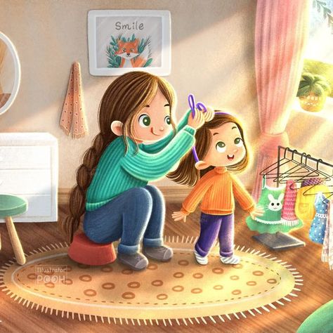 Illustrator Pooh (Hasula) on Instagram: "The bond between mother and daughter is a special kind of a bond which can never be replaced. It's attached to the deepest parts of our hearts and fills ourselves with happiness and joy each and everytime 🥰 I hope this illustration will make you smile and brings back some good old memories you had with your mother 😊🥰 . Swipe to see the full illustration, details and the timelapse video of how I colored this ☺️ . Have a beautiful day! 🌼 🍃❤️ . Music: h Mother Love Illustration, Mother Daughter Cartoon Images, Mother And Daughter Illustration Art, Mom With Two Daughters, Mom And Daughter Illustration, Kindness Illustration, Mother Daughter Illustration, Mother And Daughter Illustration, Mother And Daughter Bond