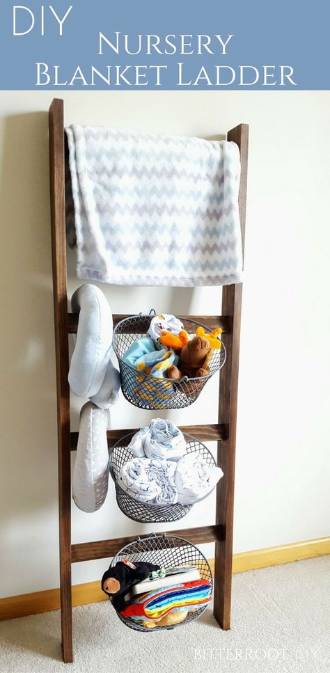 DIY Blanket Ladder | nursery decor, nursery organization, baby boy room, baby room, nursery Blanket Ladder Nursery, Blanket Ladder Diy, Diy Nursery Furniture, Baby Boy Nursery Diy, Ladder Diy, Boys Room Diy, Diy Blanket, Baby Boy Room, Baby Boy Decorations