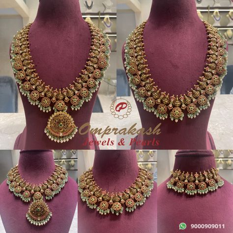 Kundan Bottu Mala Designs, Nakshi Kundan Jewellery, Nakshi Haram Designs Gold Latest, Bottu Haram Designs, Nakshi Jewellery Necklaces, Latest Nakshi Jewellery, Nakshi Necklace Designs, Latest Long Haram Gold Jewellery Designs, Bottu Mala Designs