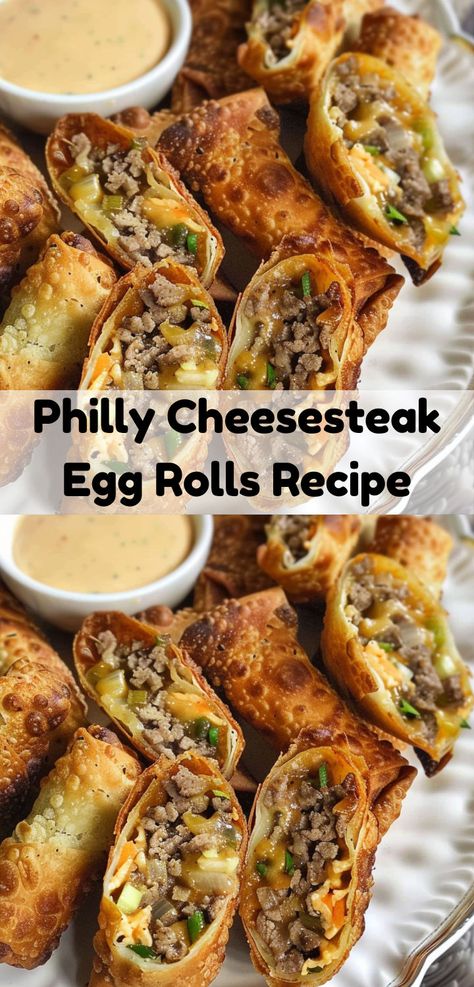 Easy Philly Cheesesteak Egg Rolls recipe with a crispy outside and savory beef and cheese inside. Great for snacks! Egg Roll Dipping Sauce, Egg Roll Sauce, Philly Cheesesteak Egg Rolls, Egg Roll Filling, Egg Rolls Recipe, Philly Cheese Steak Recipe, Philly Steak, Cheesesteak Recipe, Chicken Broccoli Rice Casserole