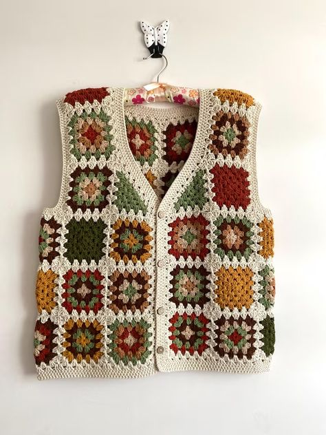 Crochet Granny Square Vest for Men, Unisex Vest, Crochet Sweater, Bohemian Vest, Hippie Clothing, Men for Buttoned Waistcoat, Vest for Women - Etsy Granny Square Vest Layout, Gilet Granny Square, Cool Crochet Granny Squares, Granny Square Crochet Color Combinations, Mens Crochet Vest, Granny Square One Color, Granny Square Vests, Granny Square Colors, Crochet Hippie Vest