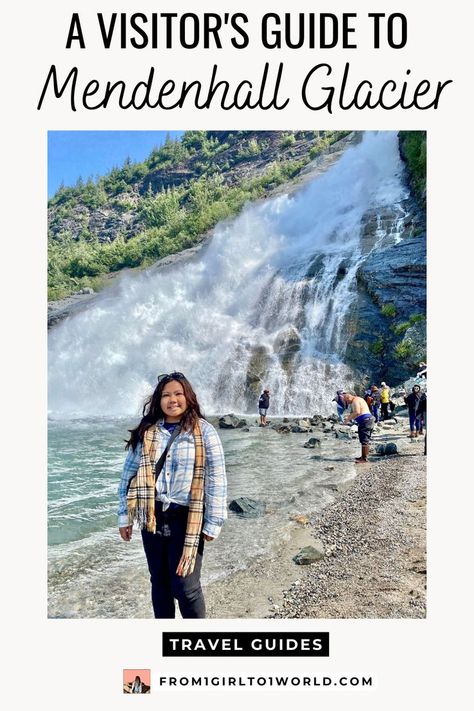 Blogger Gabrielle Sales in front of Nugget Falls Alaska Cruise Excursions, Alaska Travel Cruise, Alaska Cruise Tips, Mendenhall Glacier, Tongass National Forest, Alaska Glaciers, Alaska Adventures, Visit Alaska, Alaska Vacation