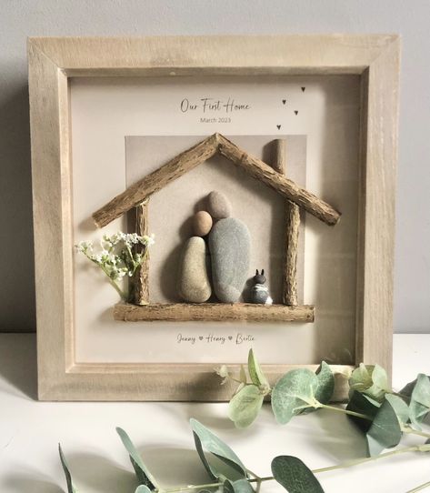 Pebble People, I'm Confident, Handmade Photo Frames, Log House, Pebble Pictures, Stone Crafts, Home House, Framed Gifts, Personalized Family