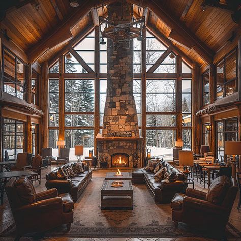 Mountain Lake Lodge Scenic Landscape Photos Modern Mountain Home Fireplace, Bedroom With Stone Wall, Luxury Mountain Homes Interiors, Swiss Chalet Interior, Lodge Interior Design, Mountain Lake House, Lodge Aesthetic, Mountain Home Interiors, Log Cabin Interior