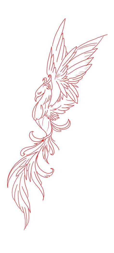 Red Ink Phoenix Tattoo, Fire Phoenix Tattoo Design, Phoenix Tattoo Line Art, Phoniex Bird Aesthetic Tattoo, Phoenix Drawing Simple, Red Phoenix Tattoo, Fine Line Phoenix Tattoo, Phoenix Rising Tattoo, Nina Tattoo