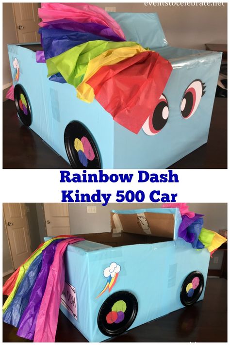 Kindy 500 Car - Rainbow Dash - eventstocelebrate.net Kindy 500 Cars Cardboard Boxes, Kindy 500 Cars, Box Car Ideas, Kindy 500, Cardboard Box Cars, Cardboard Cars, Movie Drive, Cardboard Box Car, Large Cardboard Boxes