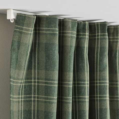 HÄGGVECKMAL room darkening curtains, 1 pair, dark green, 57x84" - IKEA Winter Curtains Living Rooms, Privacy Curtain Ideas Bedroom, Dark Green Cottage, Patterned Curtains Bedroom, Tartan Curtains, Curtains Without Sewing, Cabin Curtains, Plaid Curtains, Dark Curtains