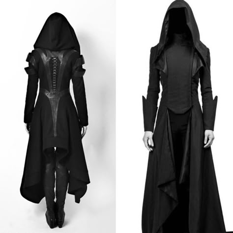 Assassin Cloak Female, Reaper Inspired Outfit, Black Warrior Outfits Female, Assassin Clothing Female, Fantasy Gothic Outfit, Black Fantasy Clothes, Female Villain Aesthetic Outfit, Assassins Clothing, Black Cloak Outfit