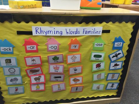 Rhyming word families. Matching. Interactive bulletin board. Self correcting. Preschool Interactive Bulletin Boards Kindergarten, Ecers Classroom, Kindergarten Bulletin Boards, Interactive Bulletin Boards, Interactive Bulletin Board, Ra Bulletin Boards, Environmental Print, Interactive Board, Activities Ideas