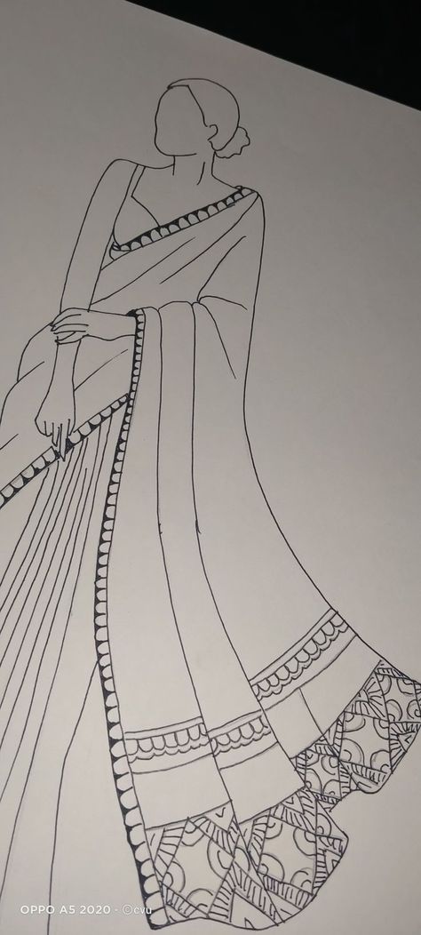 Lehenga Outline Sketch, Saree Designs Drawing, Saree Art Drawing, Traditional Dresses Sketch, Traditional Dresses Illustration, Saree Drawing Sketches, Saree Illustration Sketch, Desi Sketch, Saree Drawing