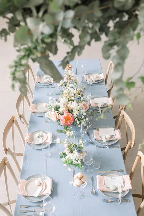 Cottage Wedding Table Setting, Pastel Floral Arrangements, Blue Table Cloth, Pink Table Settings, Pale Blue Wedding, Blue Table Settings, Wildflower Wedding Theme, Wedding Tableware, Blue Tablecloth