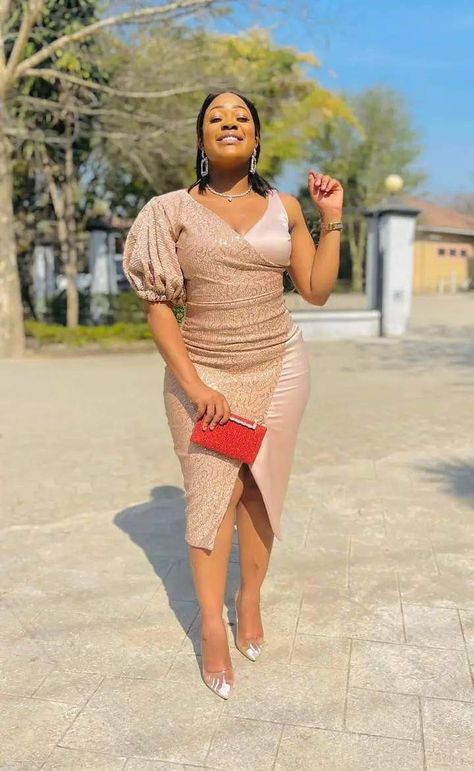 African Wedding Guest Outfit Classy Woman Dresses, Nude Wedding Guest Outfit, Classy Dress Outfits For Wedding Guest, Ladies Wedding Guest Outfit, Nude Dress Outfit Wedding, Lobola Outfits Woman Dresses, Nude Dress Outfits, South African Traditional Dresses, African Traditional Wear