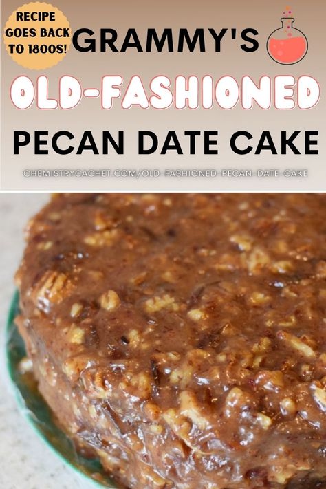 Create this vintage pecan date cake my Grammy got from her mother. Dating back to the 1800s, this cake recipe is the perfect treat to celebrate the holidays like Christmas, Thanksgiving, Or Easter! Get the old-fashioned recipe from Chemistry Cachet along with modern day substitutes like dairy-free, gluten-free, or egg-free! Date And Pecan Cake, Date Nut Cake Recipes, Date Cake Old Fashioned, Date Nut Cake, Healthy Date Cake, Date Cake Recipe Easy, Date Cake Recipe, Recipes Using Dates, Italian Cake Recipes