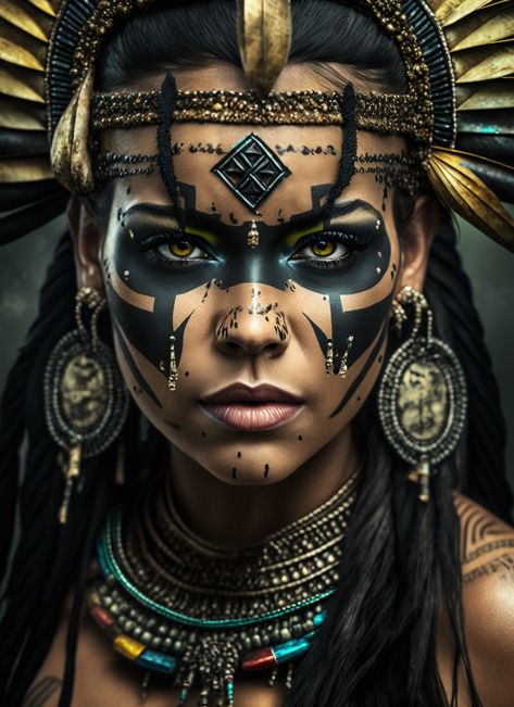 Aztec Warrior Makeup, Aztec Face Paint, Goddess Concept Art, Aztec Makeup, Aztec Colors, Aztec Queen, Aztec Headdress, Aztec Women, Aztec Princess