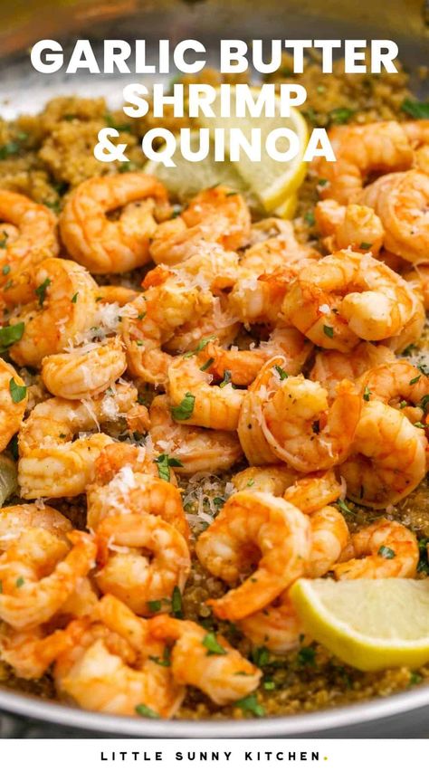 Garlic Butter Shrimp and Quinoa is a low-effort meal that everyone will love! Make it in 30 minutes with a few simple, healthy ingredients. Seafood Quinoa Recipes, Dinner Meal Prep Shrimp, Shrimp Recipes Quinoa, Oil Free Meals Clean Eating, Low Salt Shrimp Recipes, Shrimp Recipes With Quinoa, Quinoa Recipes With Shrimp, Meal Prep With Fish, Clean Eating Recipes Shrimp