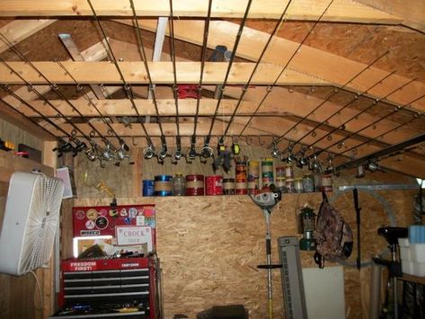 garage ceiling ideas | Be who you are and say what you feel ... because those that matter ... Mechanics Shop Organization, Rod Storage Ideas, Hunting Storage, Fishing Pole Storage, Fishing Shack, Fishing Rod Storage, Gear Storage, Fishing Room, Shed Organization