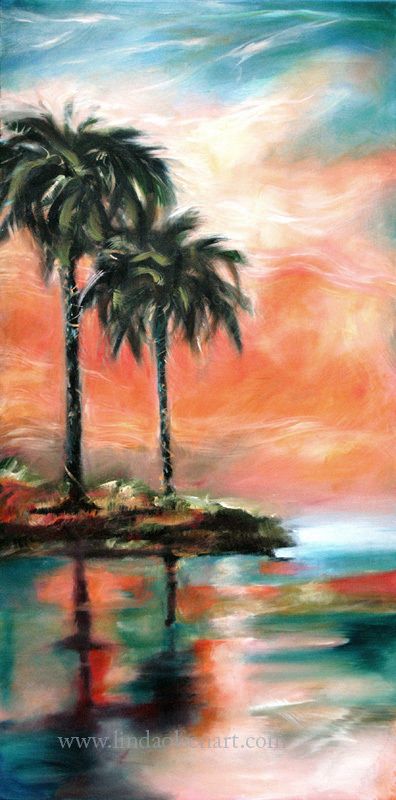 Palm reflection Sunset24x48 Beach Art Painting, Zen Painting, Reflection Painting, Tropical Painting, Palm Trees Painting, Dorm Art, Caribbean Art, Sunset Art, Seascape Paintings